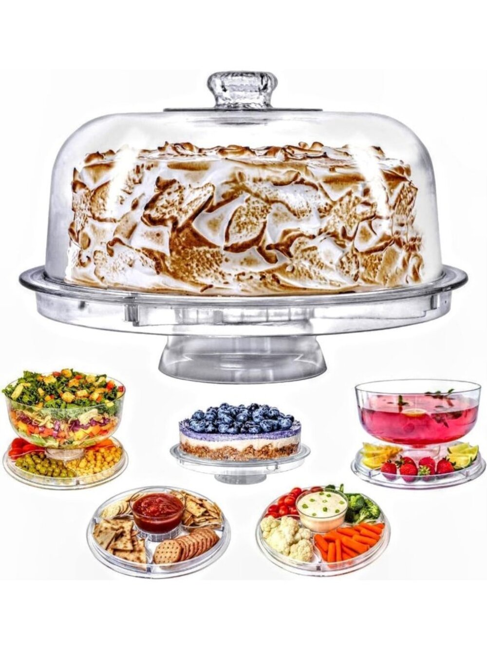Multi-Purpose Cake Stand with Dome Lid, Serving Platter & Punch Bowl - Set of 6